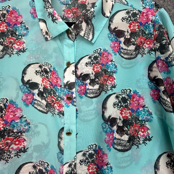 Skull Bongo Plus Blue Sheer Gold Button Top Sz 2X Halloween Day Of The Dead - Picture 6 of 16